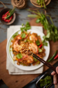 High angle view of meal served on table