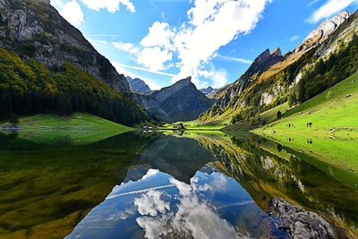 Scenic view of lake and mountains against sky