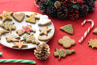 High angle view of christmas ornaments on table