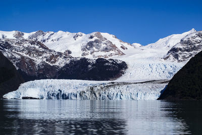 Scenic view of snowcapped mountains against clear sky