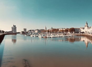 City buildings by river against clear blue sky