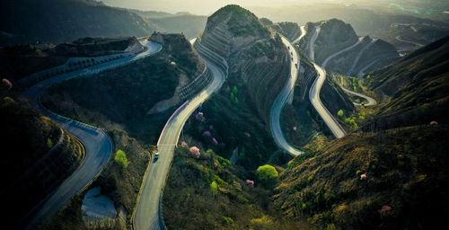 High angle view of winding road in mountains