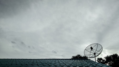 Low angle view of satellite dish on roof against sky