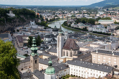 High angle view of buildings in city