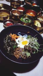 High angle view of breakfast served on table