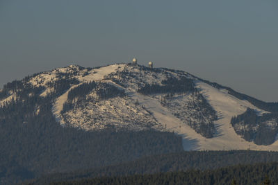 Scenic view of snowcapped mountains against clear sky