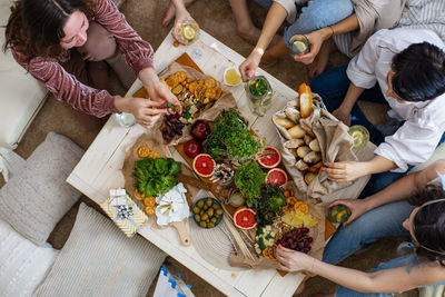 High angle view of people having food