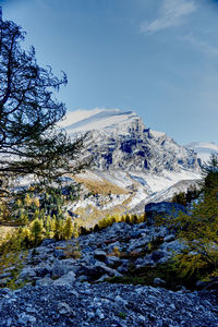 Scenic view of stream against sky during winter