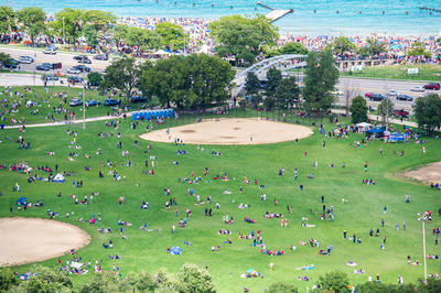 High angle view of people playing soccer on field