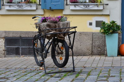 Bicycle on sidewalk against house