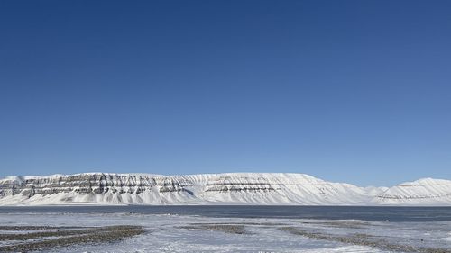 Scenic view of sea against clear blue sky- svalbard 