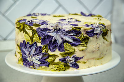 High angle view of purple flowers on table