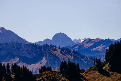 Panoramic view of snowcapped mountains against clear sky