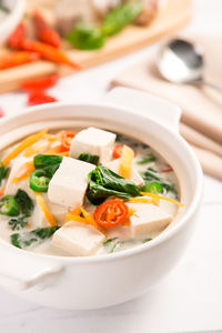 Close-up of soup in bowl on table