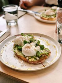 High angle view of breakfast served on table