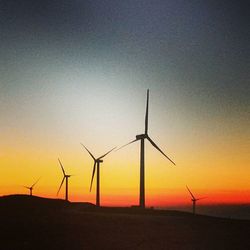 Wind turbines in field at sunset