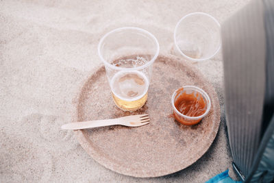 High angle view of beer glass on table