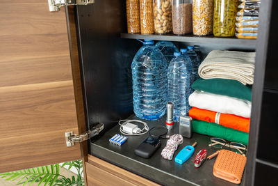 High angle view of various objects on table