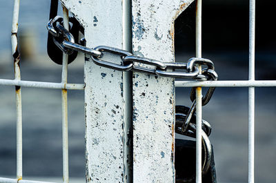 Close-up of padlock on metal fence