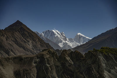 Scenic view of snowcapped mountains against clear blue sky