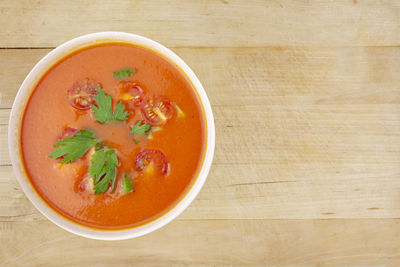 High angle view of soup in bowl on table