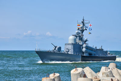 Large missile boat during naval exercises and parade, guided missile destroyer by russian navy