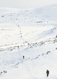 High angle view of people on snow covered land