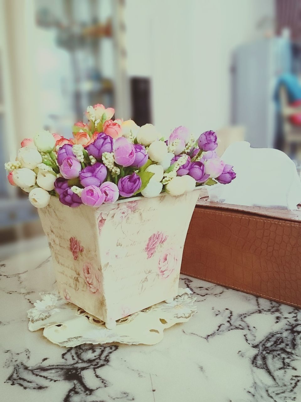 flower, freshness, focus on foreground, fragility, close-up, purple, plant, petal, growth, nature, beauty in nature, selective focus, bunch of flowers, potted plant, day, no people, pink color, table, built structure, leaf