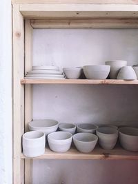 Potted plant in bowl on shelf against wall