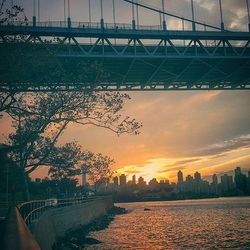 Bridge over river at sunset