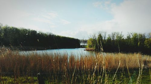 Scenic view of lake against cloudy sky