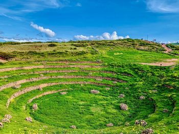 Circle field at moray the archaeology site in sacred valley of cuzco, peru