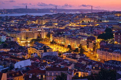 High angle view of townscape against sky during sunset