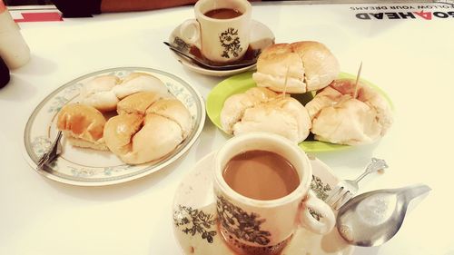 High angle view of tea served on table