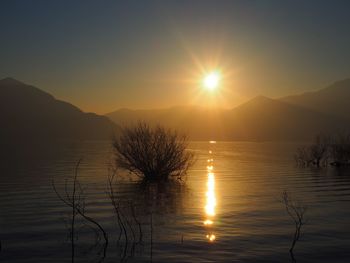 Scenic view of lake against sky during sunset