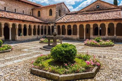 Potted plants in front of historic building