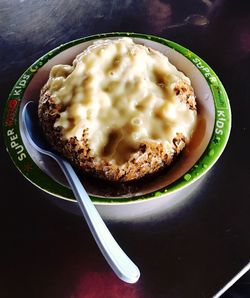 High angle view of breakfast in plate on table
