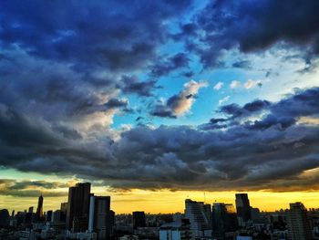 City skyline at sunset