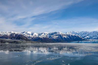 Scenic view of lake and snowcapped mountains against sky