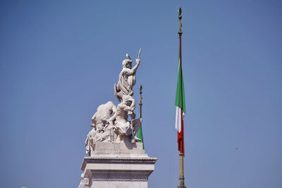 Low angle view of statue against clear blue sky