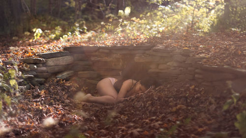 Sensuous woman sleeping on leaves at forest during sunny day