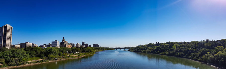 Scenic view of river against clear blue sky