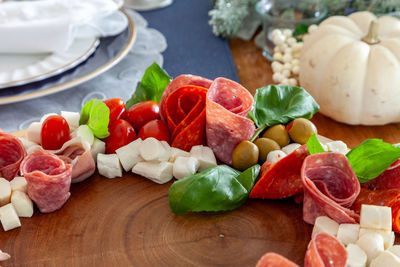 Italian charcuterie wreath with prosciutto, mozzarella, tomato, basil, salami, and olives