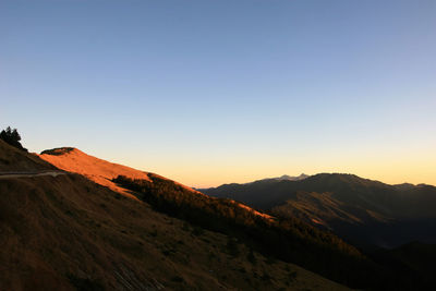 Scenic view of mountains against clear sky during sunset