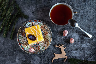 High angle view of breakfast on table