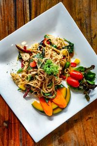 High angle view of salad in plate on table