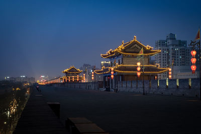 Illuminated temple against clear blue sky at night