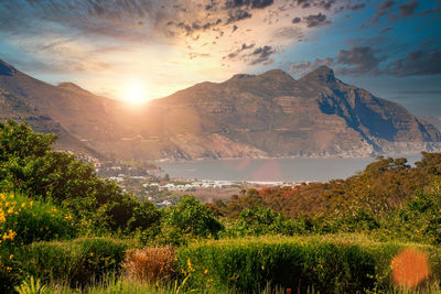 Scenic view of mountains against sky during sunset