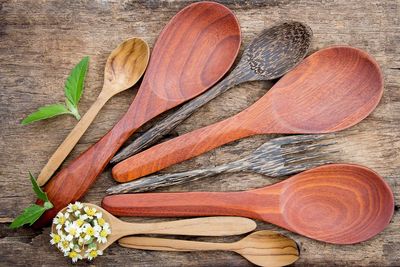 Directly above of wooden spoons on table