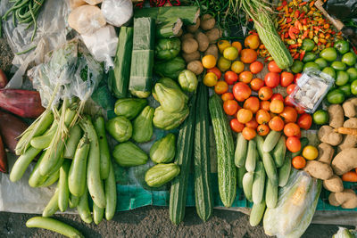 High angle view of fruits for sale at market stall